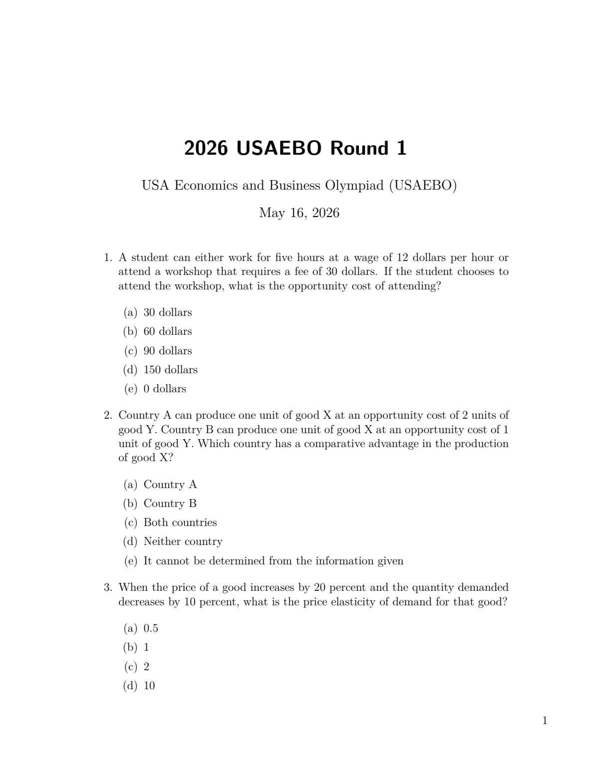 Page 1 preview of the 2026 USAEBO Round 1 paper